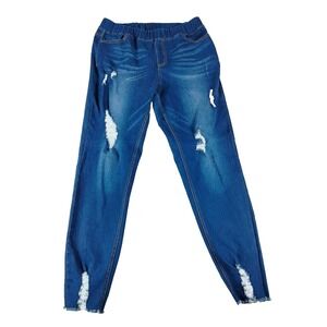 JVINI Womens Jeggings Jeans Mid Rise Distressed Elastic Waist Blue Plus Size 1XL